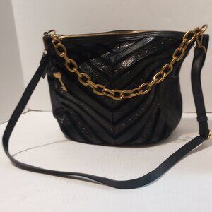 Fossil Jolie Hobo V Pattern Snake Print Black Leather Gold Chain